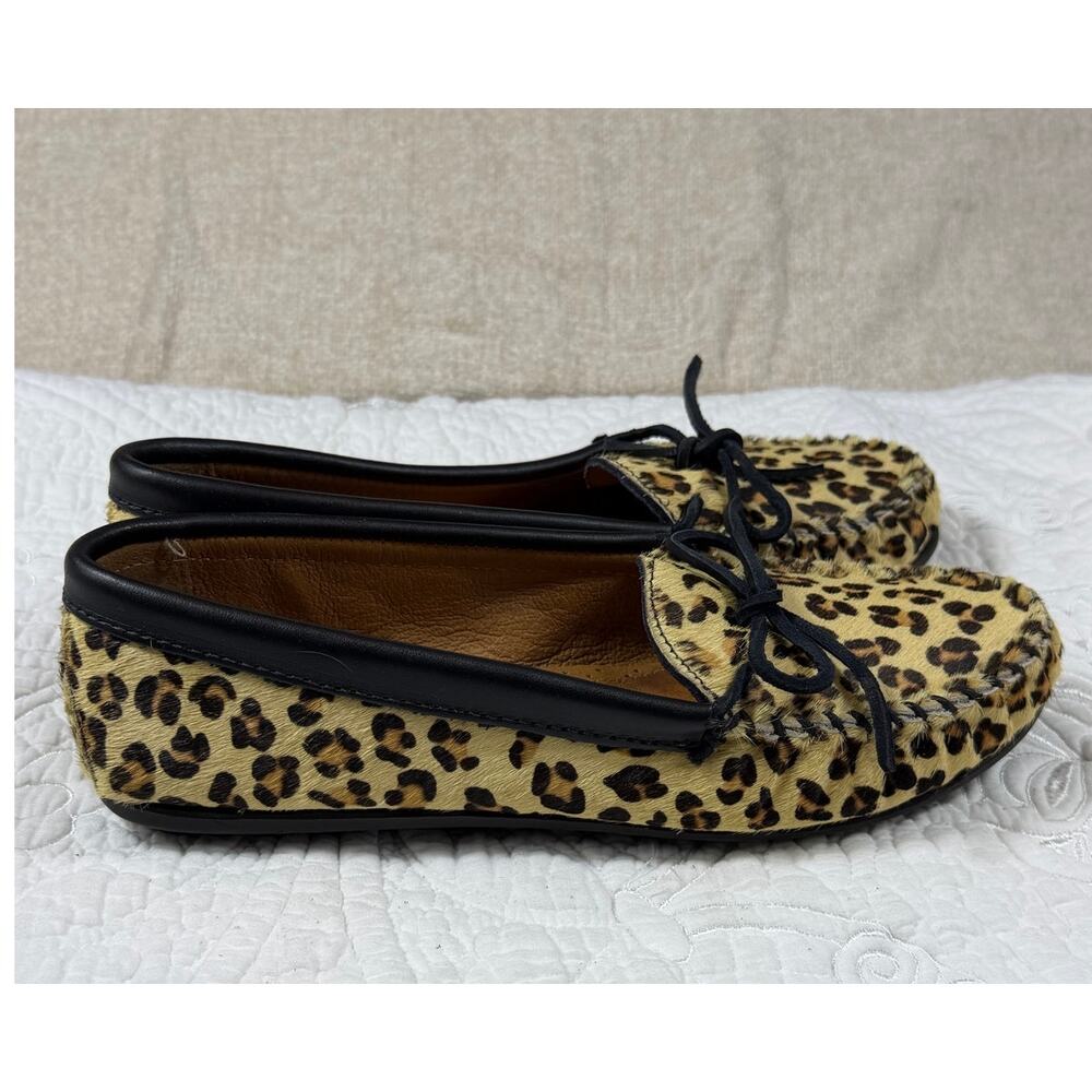 Minnetonka Womens 8.5 Brown Tan Leopard Cow Hair Leather Lined Loafer Shoes Flat - Picture 9 of 11